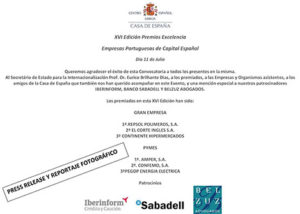 Los premiados en la XVI Edición Premios Excelencia Casa de España 2019 a las mejores empresas Portuguesas de Capital Español
