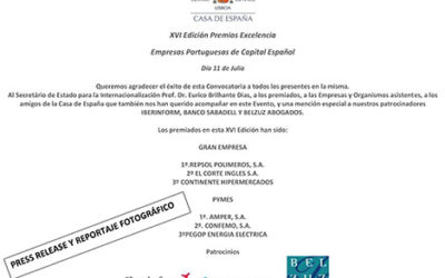 Los premiados en la XVI Edición Premios Excelencia Casa de España 2019 a las mejores empresas Portuguesas de Capital Español