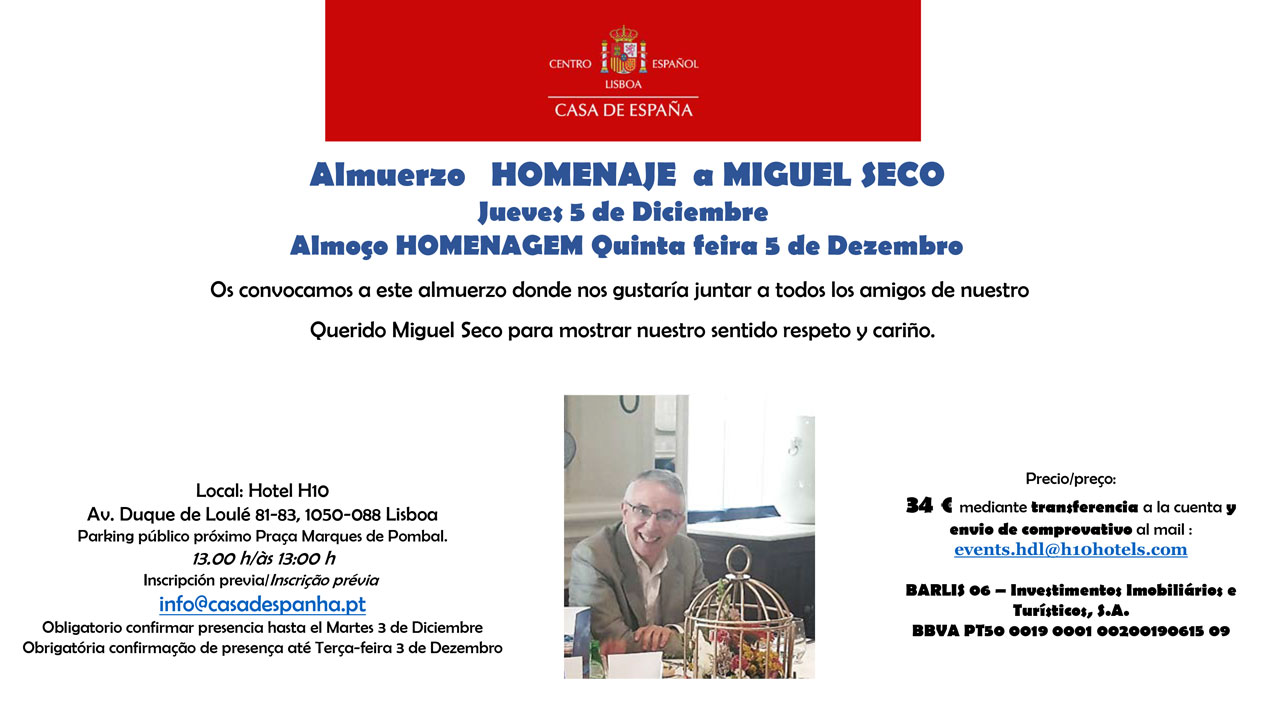 Almuerzo HOMENAJE a MIGUEL SECO - Jueves 5 de Diciembre