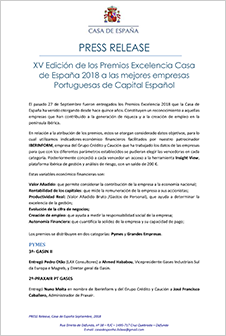 Entrega de la XV Edición Prémios Excelencia Casa de España 2018 a las mejores empresas Portuguesas de Capital Español