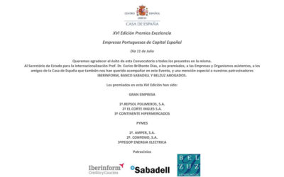 Los premiados en la XVI Edición Premios Excelencia Casa de España 2019 a las mejores empresas Portuguesas de Capital Español